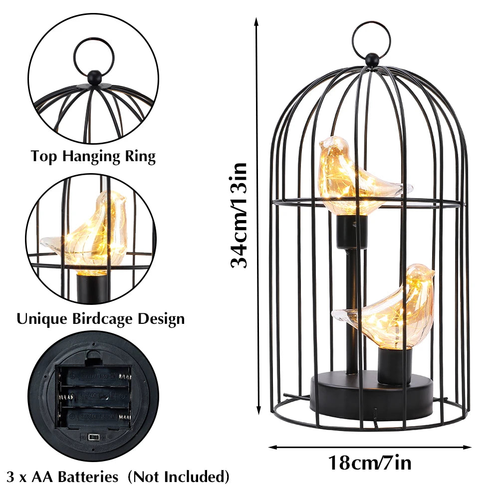 Bird Cage Table Lamp with Bird Decoration — Battery Powered Cordless Nordic Brown Decorative Light for Home, Bedroom & Wedding