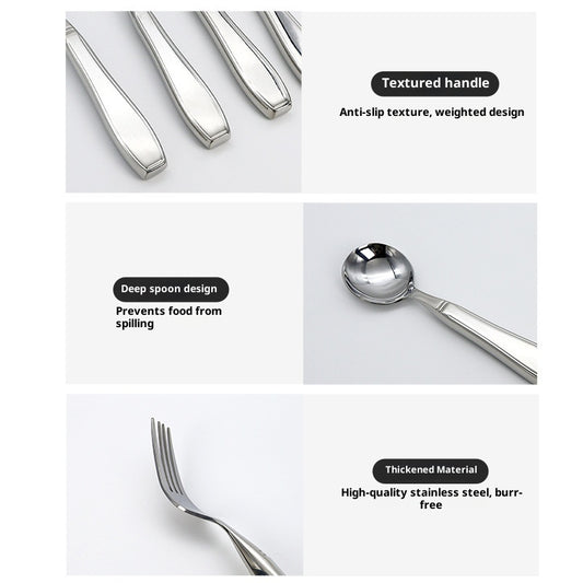 Close-up of therapeutic weighted fork and spoon with ergonomic non-slip grip handles for tremor contro