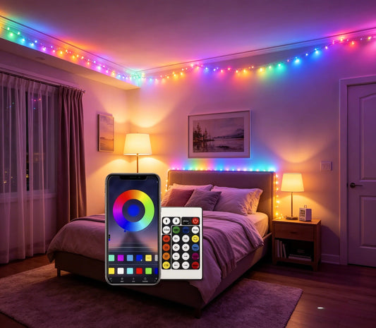 Multicolor RGBIC LED string lights decorating a cozy bedroom with app and remote control displayed
