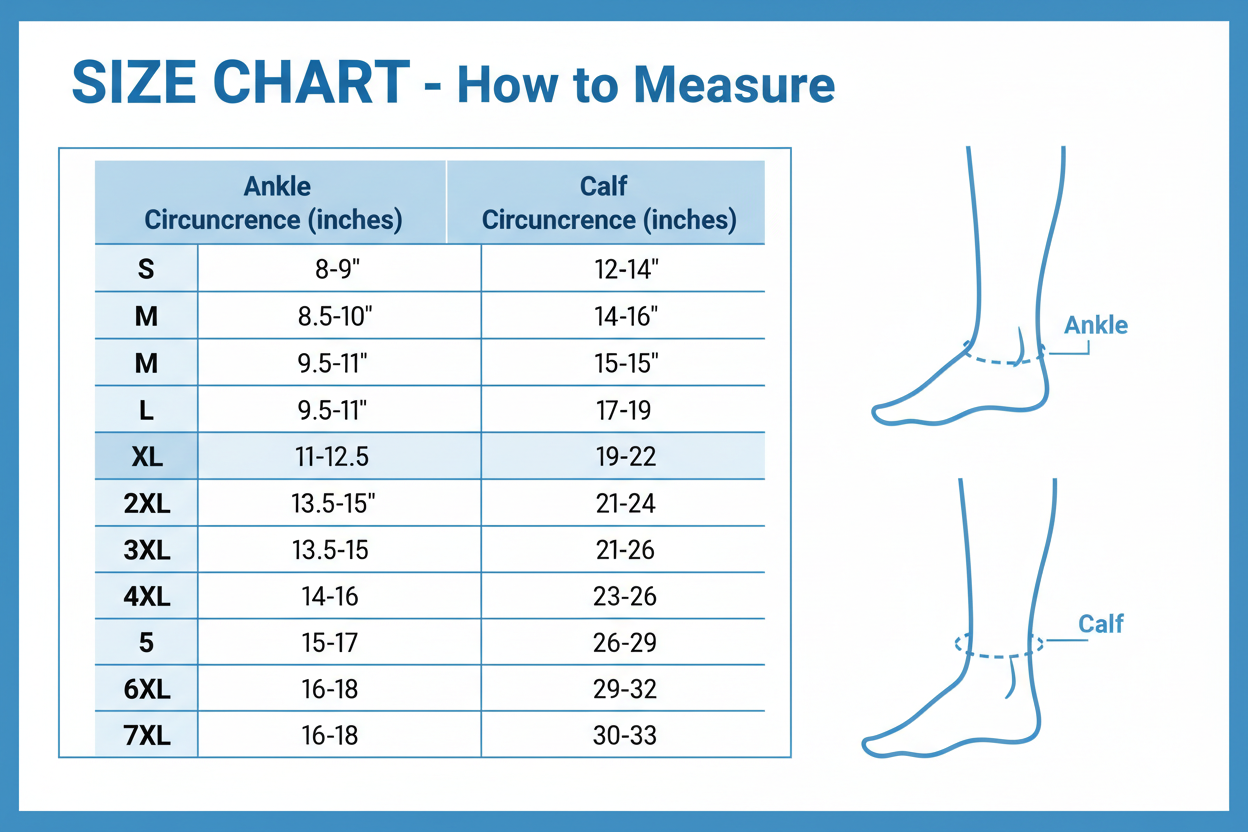 Professional size chart for compression socks showing ankle and calf measurements in inches from size S to 7XL with measurement guide