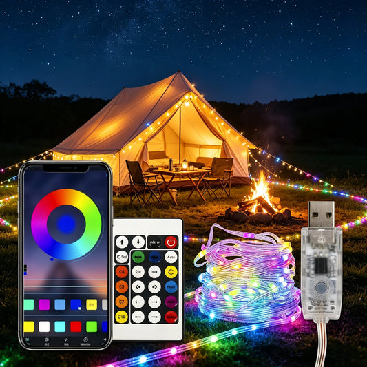  RGBIC LED fairy string lights glowing in multicolor outdoors at night with glamping tent and campfire, controlled via smartphone app and remote