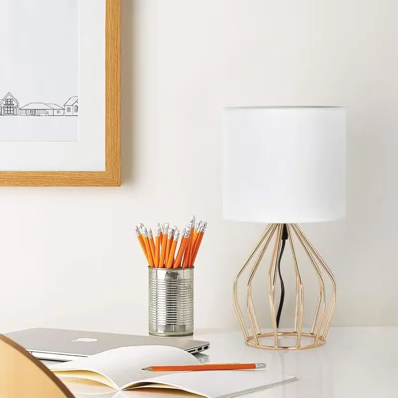 Minimalist Table Lamp with Gold Metal Base & White Linen Shade — Elegant Bedside Night Light for Bedroom & Living Room