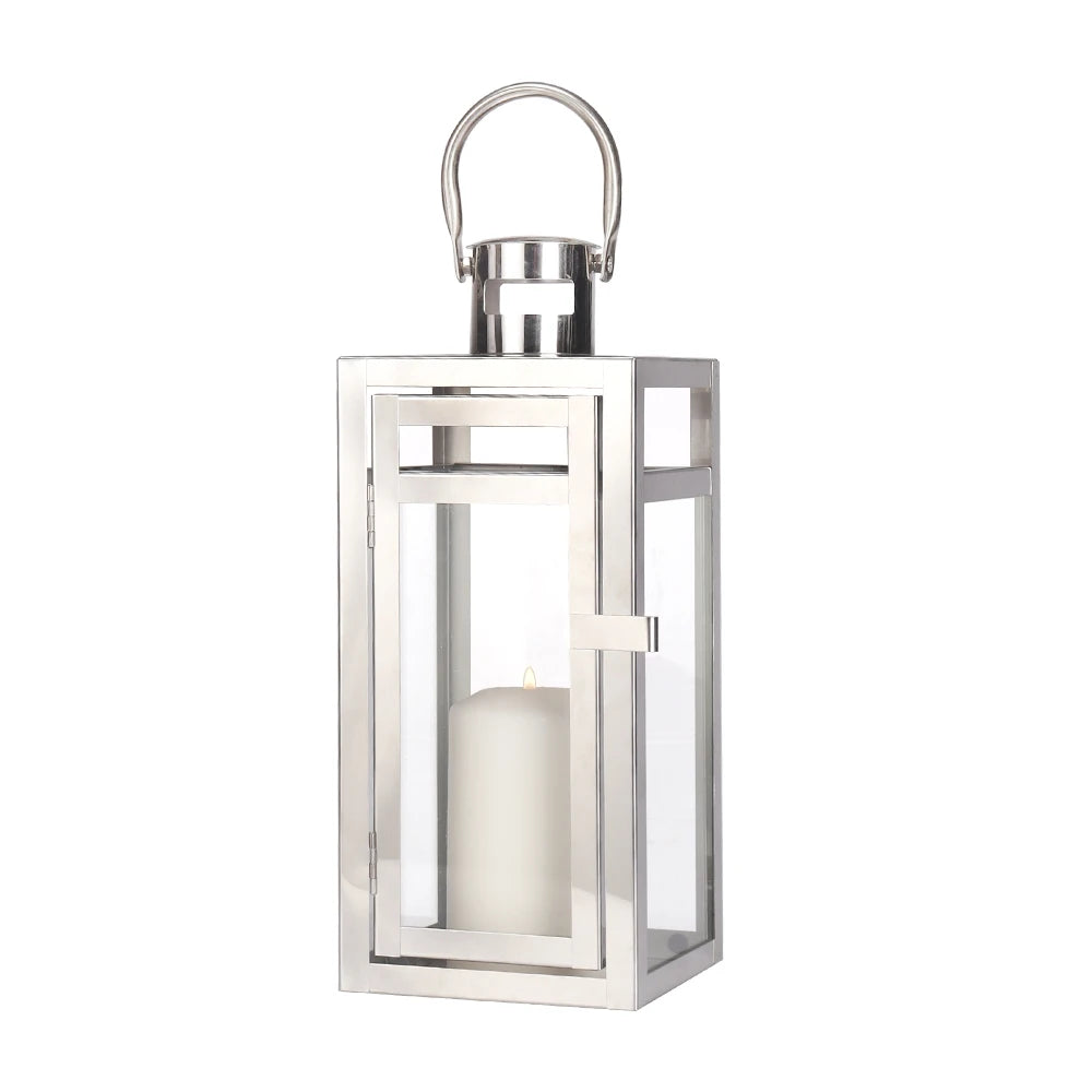 Silver stainless steel hanging lantern candle holder with tempered glass – front view
