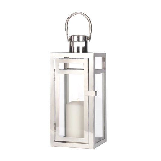Silver stainless steel hanging lantern candle holder with tempered glass – front view
