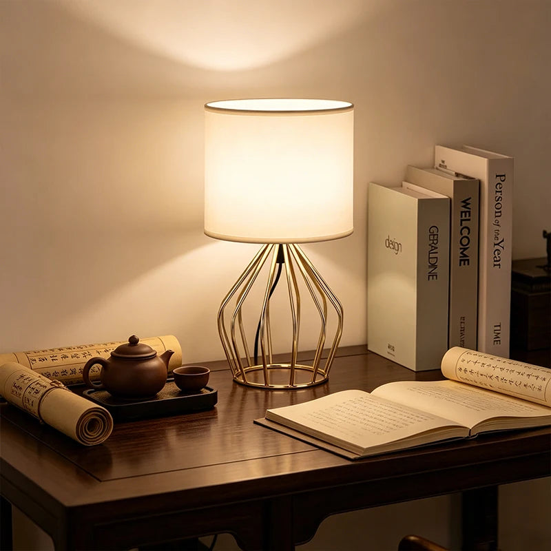 Minimalist Table Lamp with Gold Metal Base & White Linen Shade — Elegant Bedside Night Light for Bedroom & Living Room