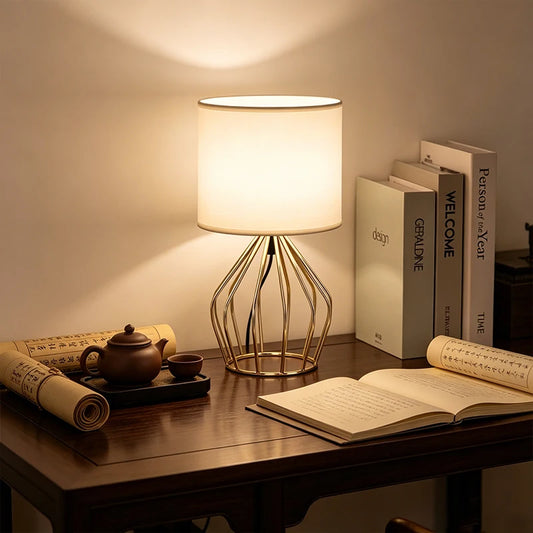 Minimalist Table Lamp with Gold Metal Base & White Linen Shade — Elegant Bedside Night Light for Bedroom & Living Room