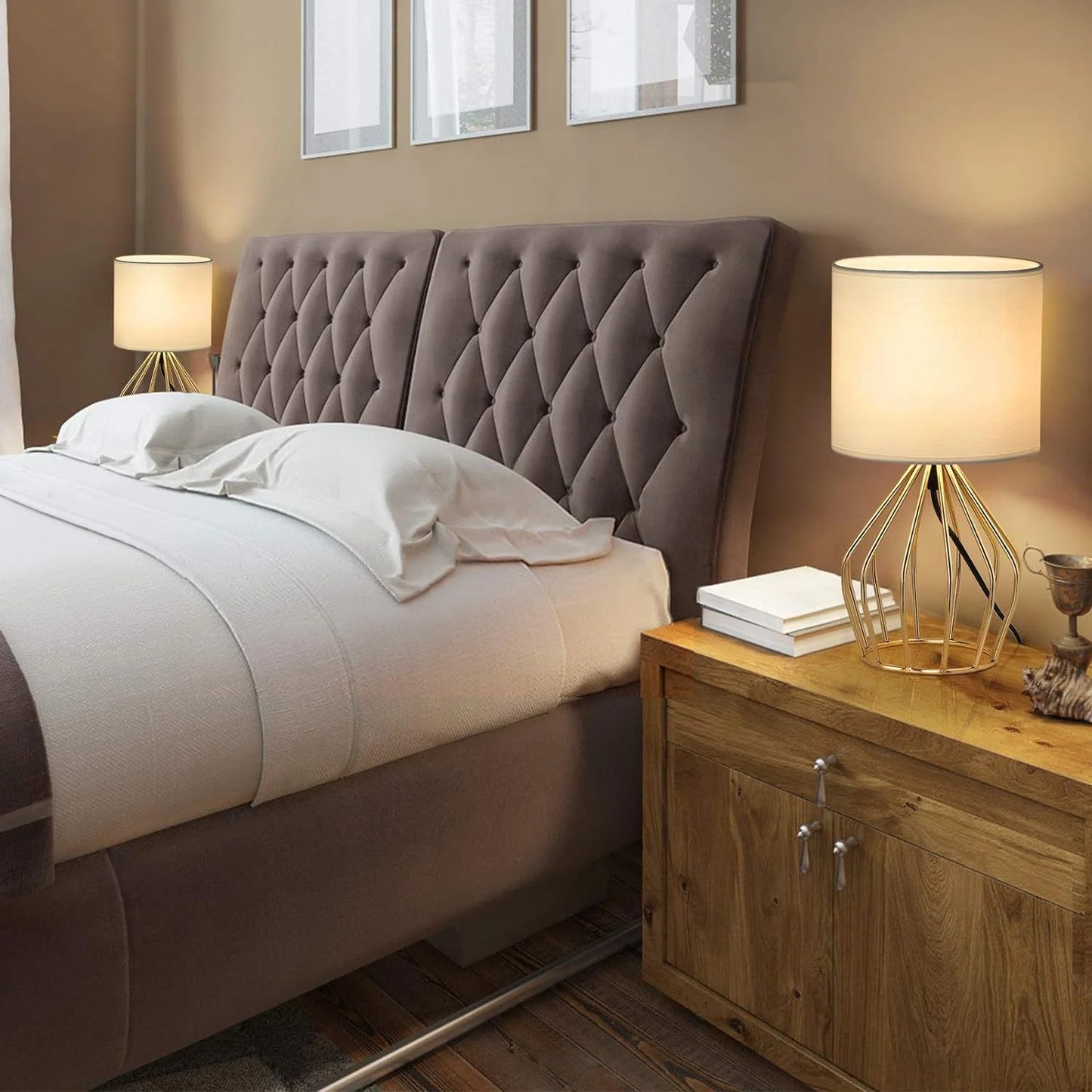 Minimalist Table Lamp with Gold Metal Base & White Linen Shade — Elegant Bedside Night Light for Bedroom & Living Room