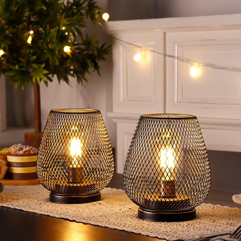 Nordic Brown Metal Cage Lantern Table Lamp — Battery Powered Cordless Decorative Light for Bedroom & Wedding Decor