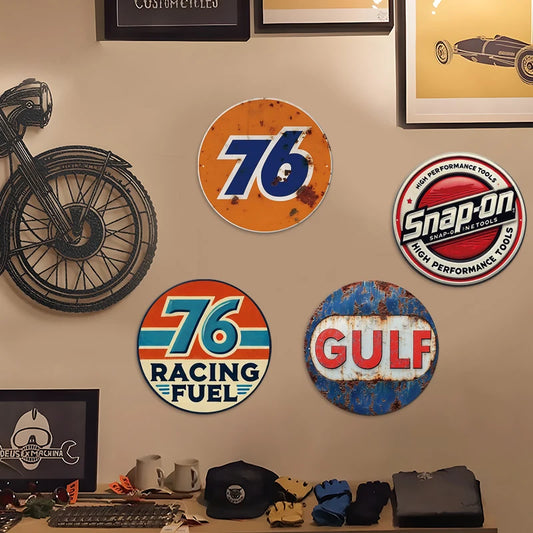 Vintage Gas Station Metal Tin Signs, 4-Piece Set – Retro Garage Wall Decor, 8×8 in