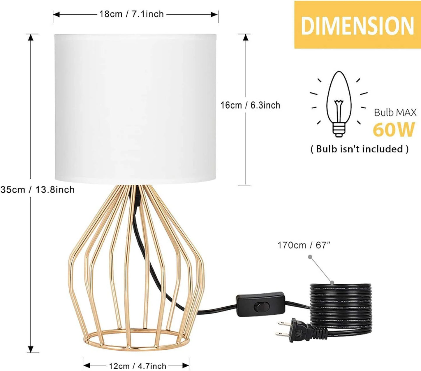 Minimalist Table Lamp with Gold Metal Base & White Linen Shade — Elegant Bedside Night Light for Bedroom & Living Room