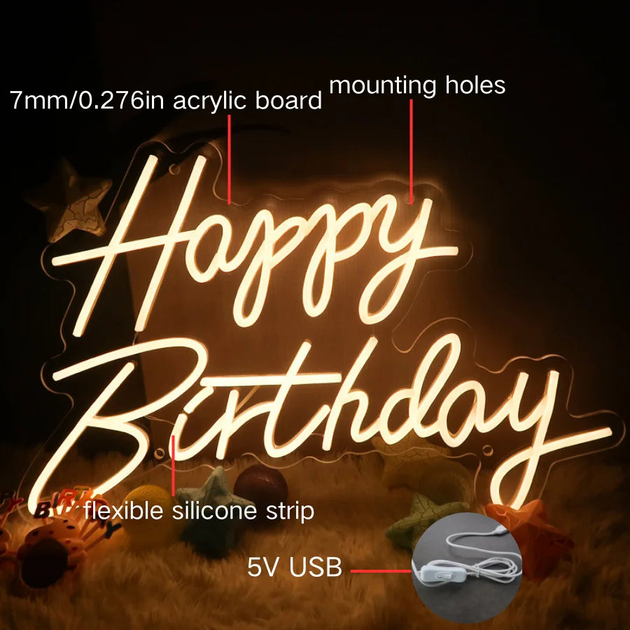 Warm white Happy Birthday neon sign USB powered indoor decor