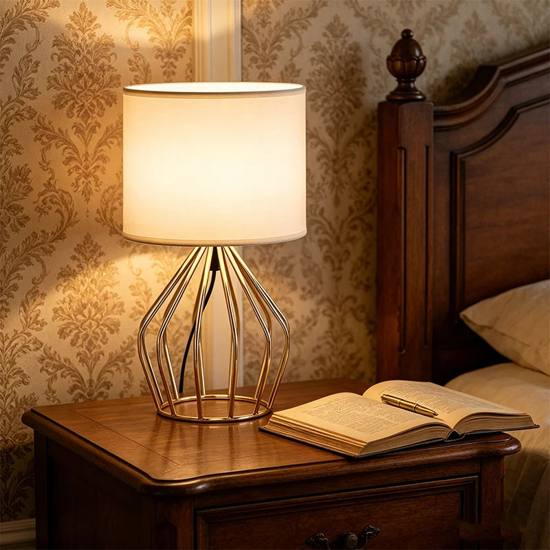 Minimalist Table Lamp with Gold Metal Base & White Linen Shade — Elegant Bedside Night Light for Bedroom & Living Room