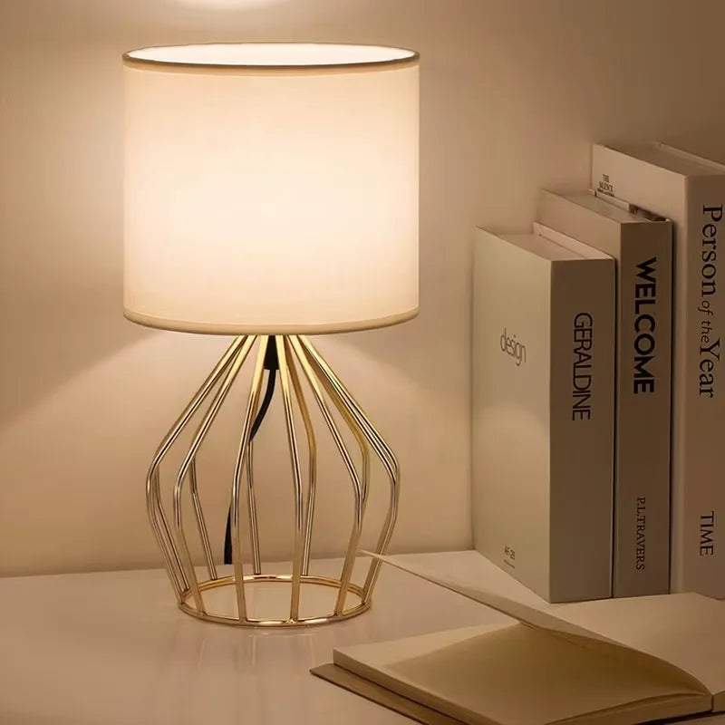 Minimalist Table Lamp with Gold Metal Base & White Linen Shade — Elegant Bedside Night Light for Bedroom & Living Room