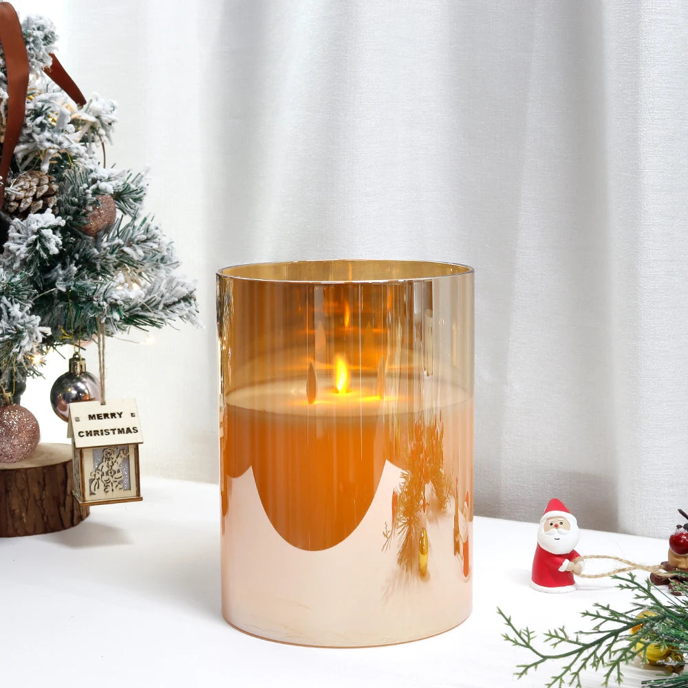 Flameless LED candle in gold glass with Christmas tree and Santa decoration, perfect holiday home decor gift