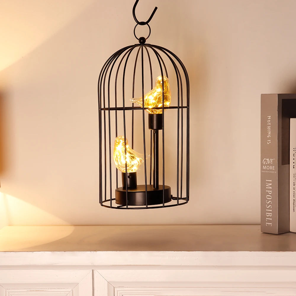 Bird Cage Table Lamp with Bird Decoration — Battery Powered Cordless Nordic Brown Decorative Light for Home, Bedroom & Wedding