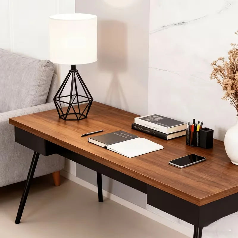 Modern Metal Table Lamp with Linen Shade — Hollowed Base Bedside Night Light for Bedroom & Living Room