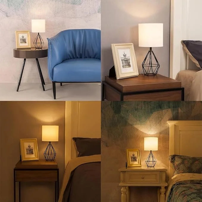 Modern Metal Table Lamp with Linen Shade — Hollowed Base Bedside Night Light for Bedroom & Living Room