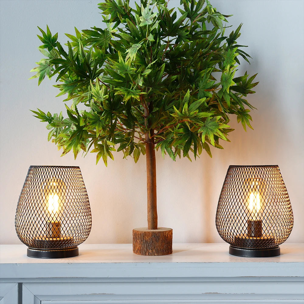 Nordic Brown Metal Cage Lantern Table Lamp — Battery Powered Cordless Decorative Light for Bedroom & Wedding Decor