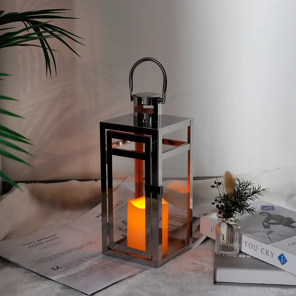 Hanging silver lantern with warm candlelight glow – Valentine's Day and wedding decor