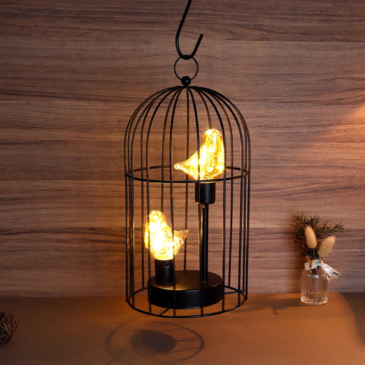 Bird Cage Table Lamp with Bird Decoration — Battery Powered Cordless Nordic Brown Decorative Light for Home, Bedroom & Wedding