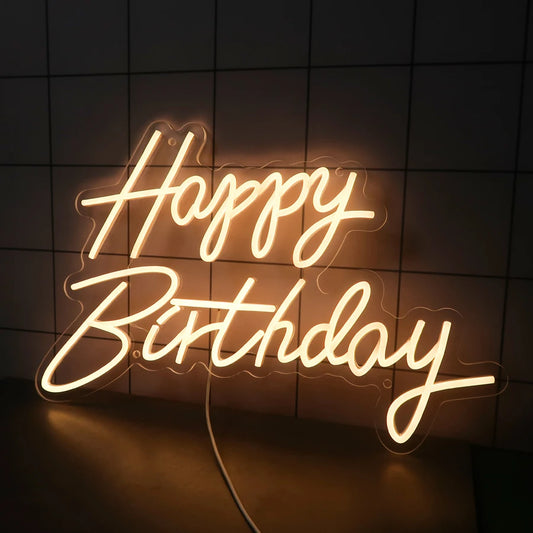 Happy Birthday neon sign warm white LED glow wall decoration
