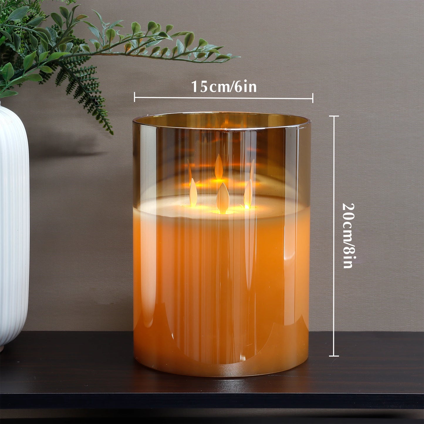 Flameless LED candle size guide showing 6 inch diameter and 8 inch height gold glass pillar candle