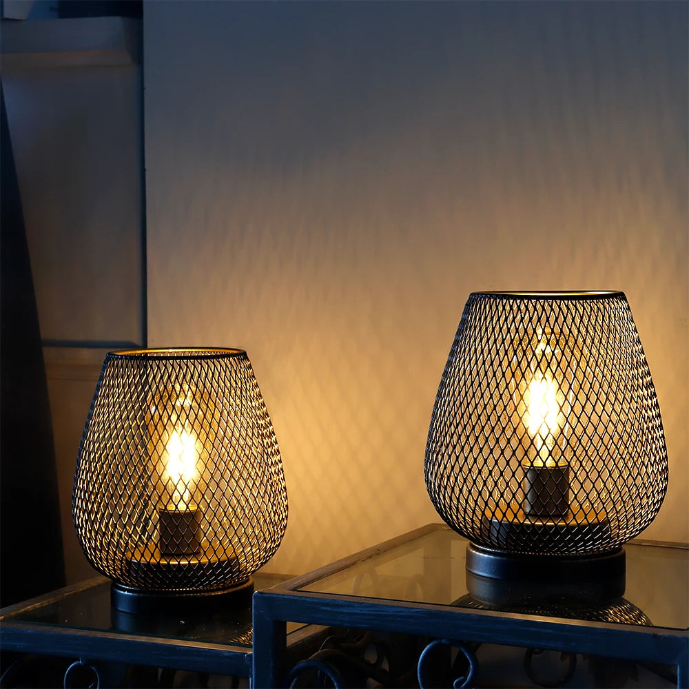 Nordic Brown Metal Cage Lantern Table Lamp — Battery Powered Cordless Decorative Light for Bedroom & Wedding Decor