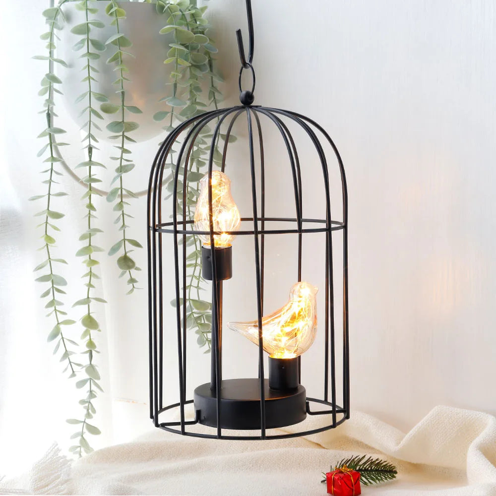 Bird Cage Table Lamp with Bird Decoration — Battery Powered Cordless Nordic Brown Decorative Light for Home, Bedroom & Wedding