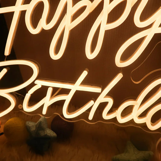Happy Birthday LED neon sign acrylic backplate warm white light