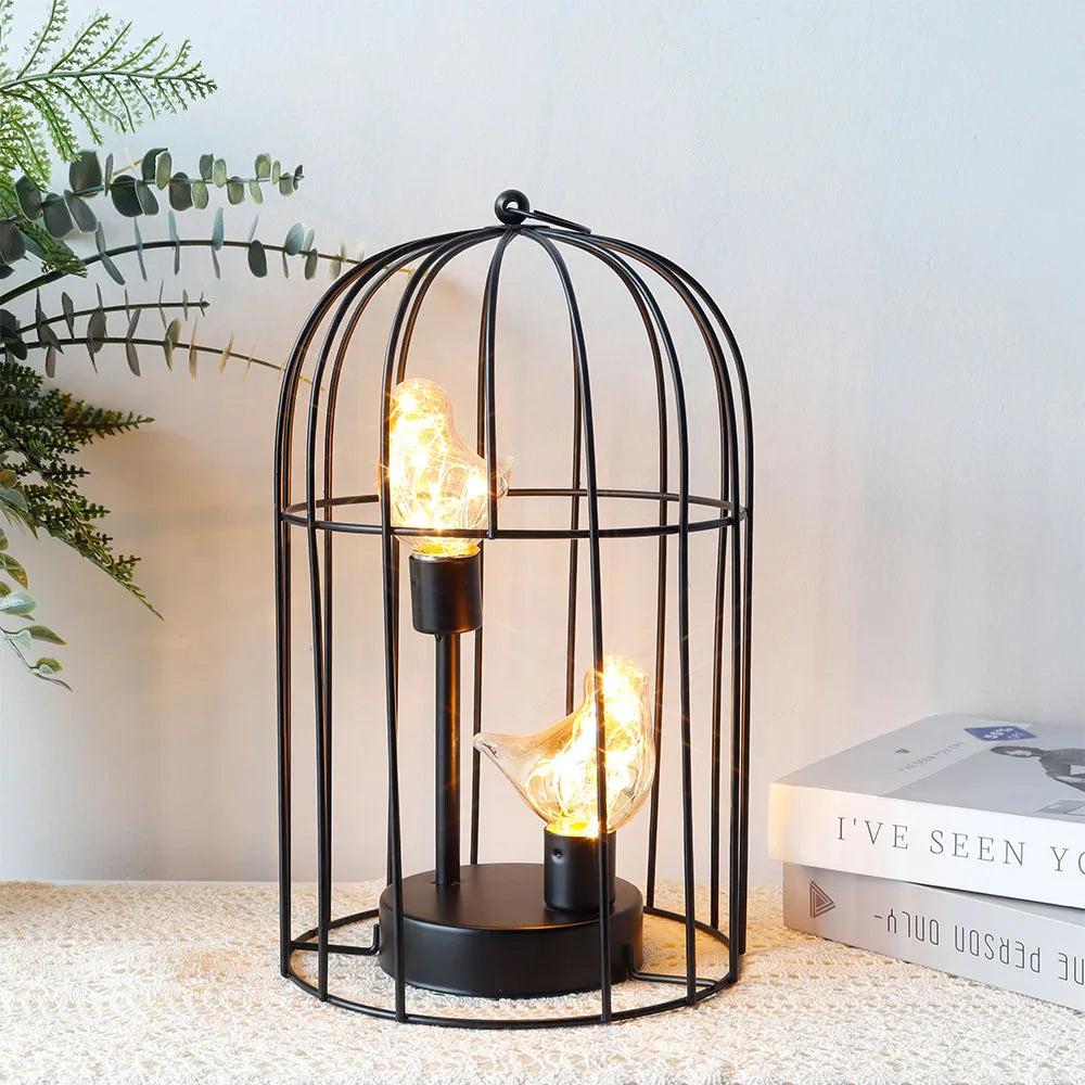 Bird Cage Table Lamp with Bird Decoration — Battery Powered Cordless Nordic Brown Decorative Light for Home, Bedroom & Wedding