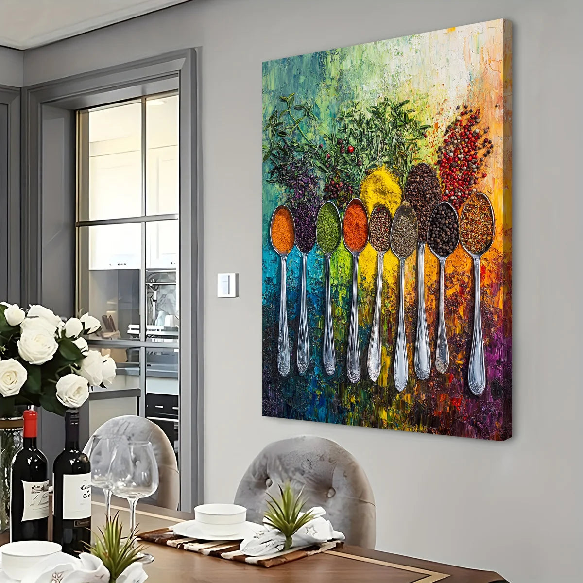 Colorful spoons kitchen canvas art displayed in modern kitchen