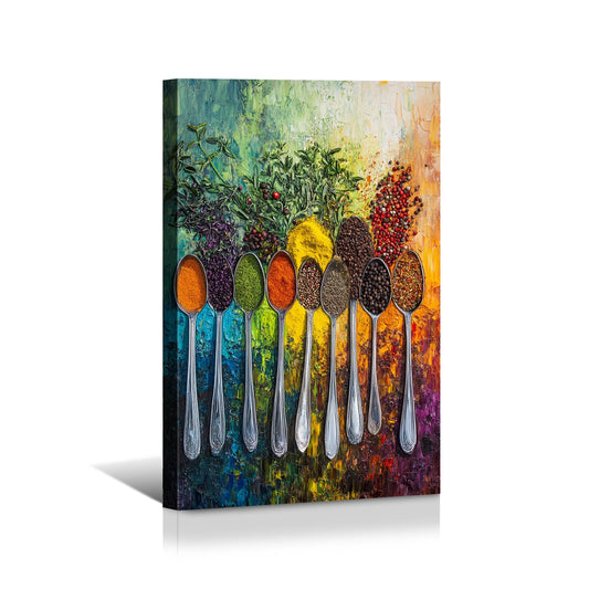 Colorful spoons cooking canvas art side view pine wood frame