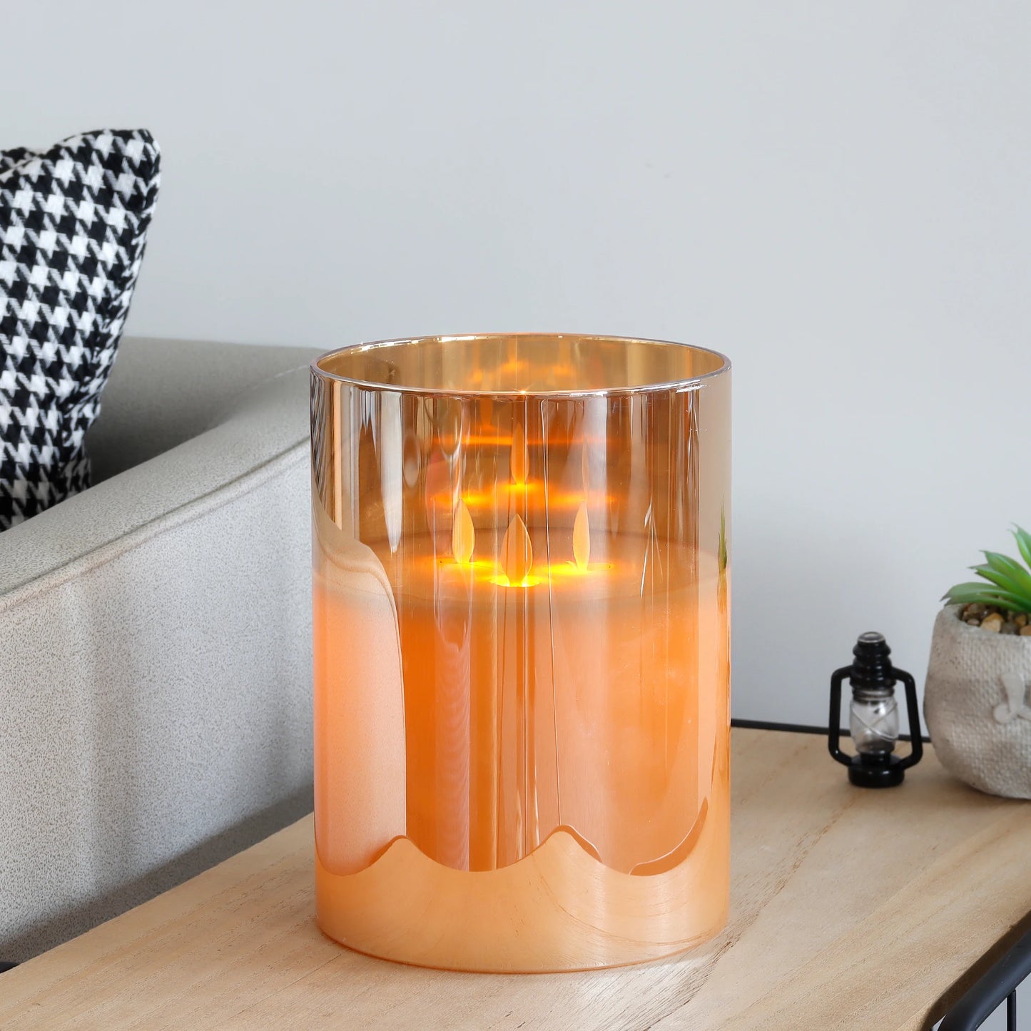 Flameless LED Pillar Candle, 3-Wick 6"×8" Gold Glass