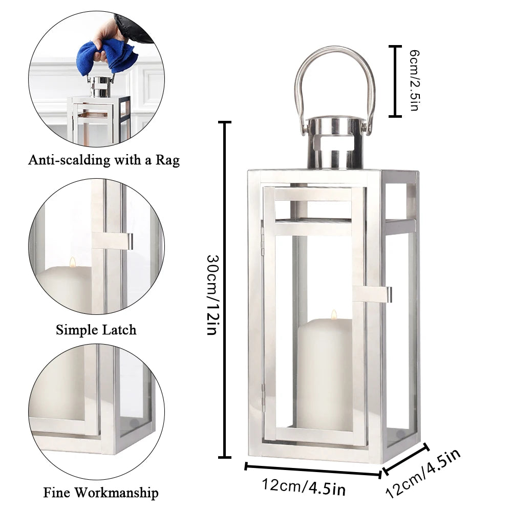 Silver stainless steel lantern candle holder – dimensions 12x12x30cm, anti-scalding design, simple latch and fine workmanship