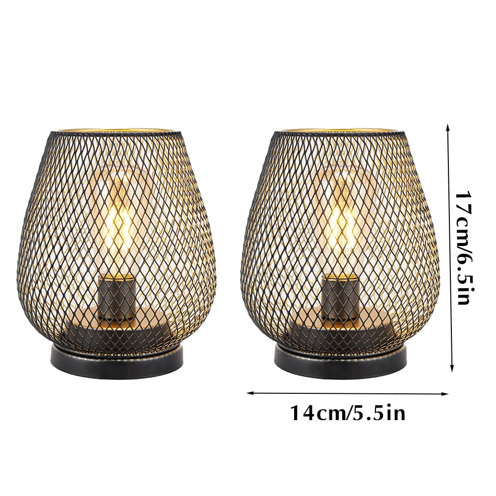 Nordic Brown Metal Cage Lantern Table Lamp — Battery Powered Cordless Decorative Light for Bedroom & Wedding Decor