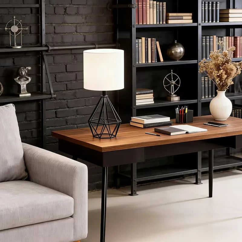 Modern Metal Table Lamp with Linen Shade — Hollowed Base Bedside Night Light for Bedroom & Living Room