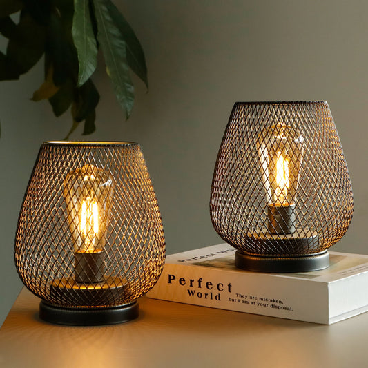Nordic Brown Metal Cage Lantern Table Lamp — Battery Powered Cordless Decorative Light for Bedroom & Wedding Decor