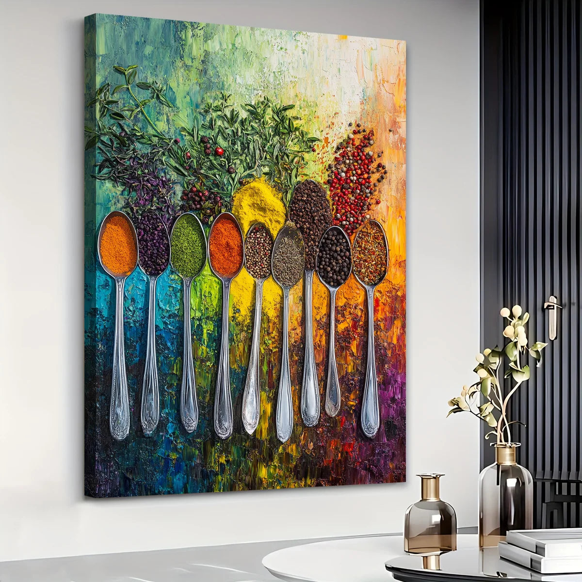 Colorful spoons and spices canvas wall art close up HD print