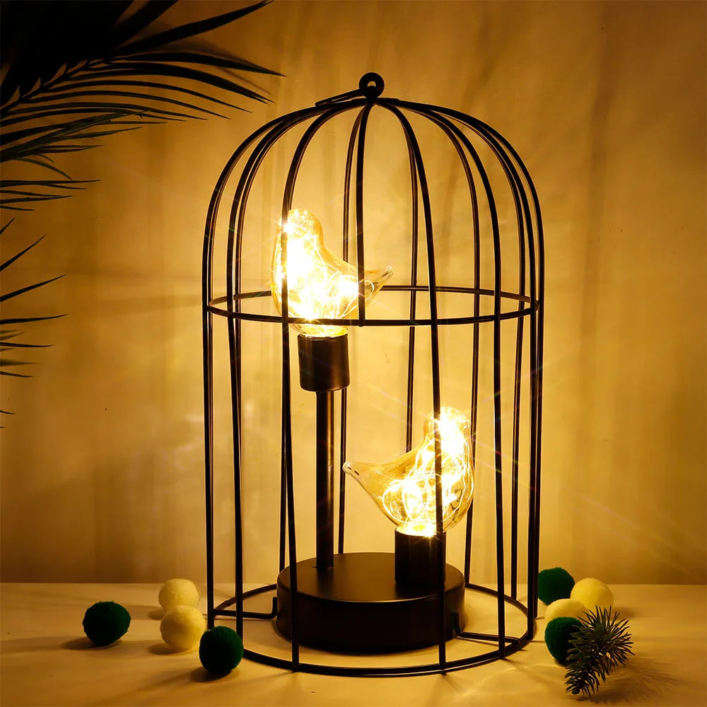 Bird Cage Table Lamp with Bird Decoration — Battery Powered Cordless Nordic Brown Decorative Light for Home, Bedroom & Wedding
