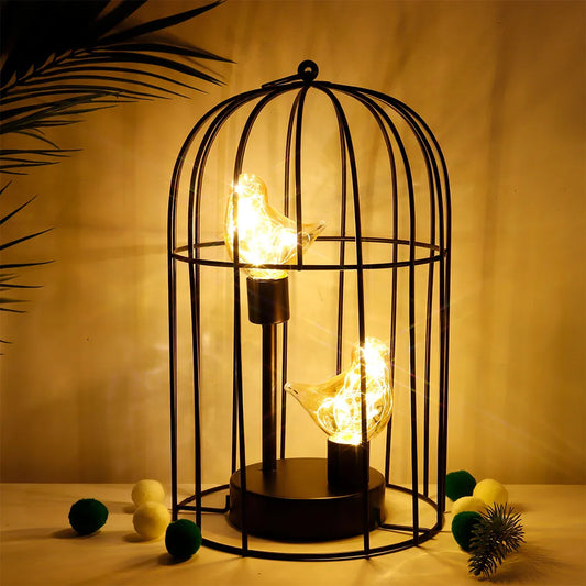 Bird Cage Table Lamp with Bird Decoration — Battery Powered Cordless Nordic Brown Decorative Light for Home, Bedroom & Wedding