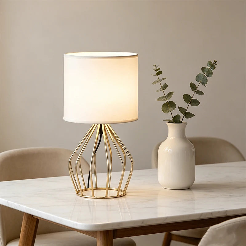 Minimalist Table Lamp with Gold Metal Base & White Linen Shade — Elegant Bedside Night Light for Bedroom & Living Room