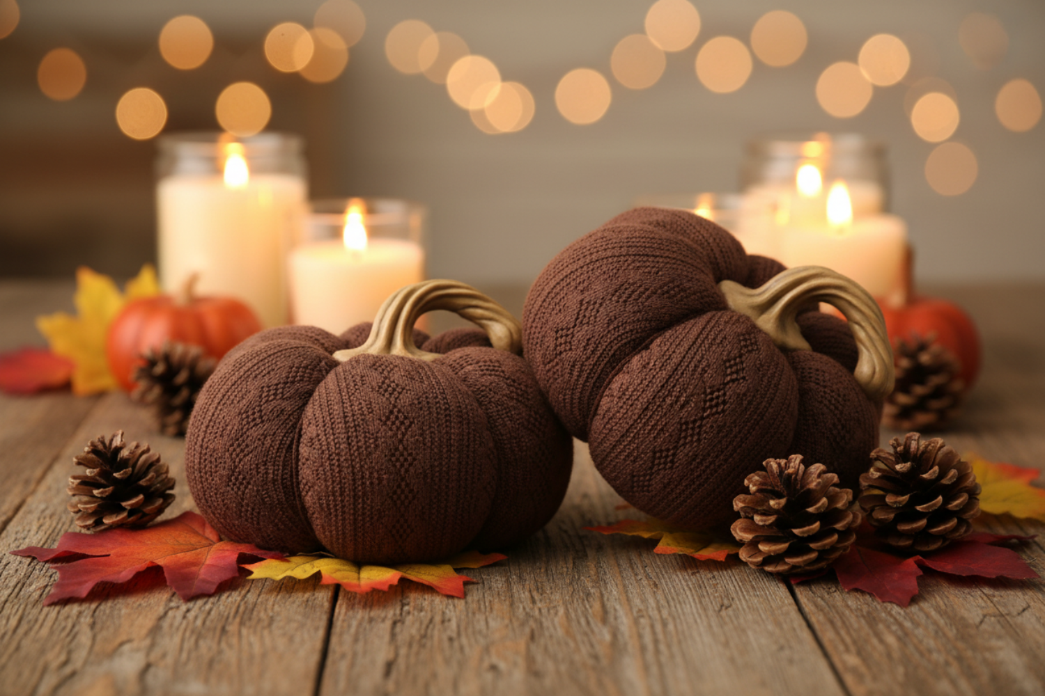 Dark Brown Knitted Pumpkin Decorations Fall Scene