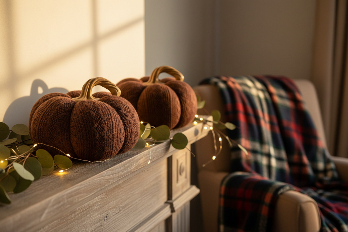 Dark Brown Pumpkin Decorations Fireplace Scene