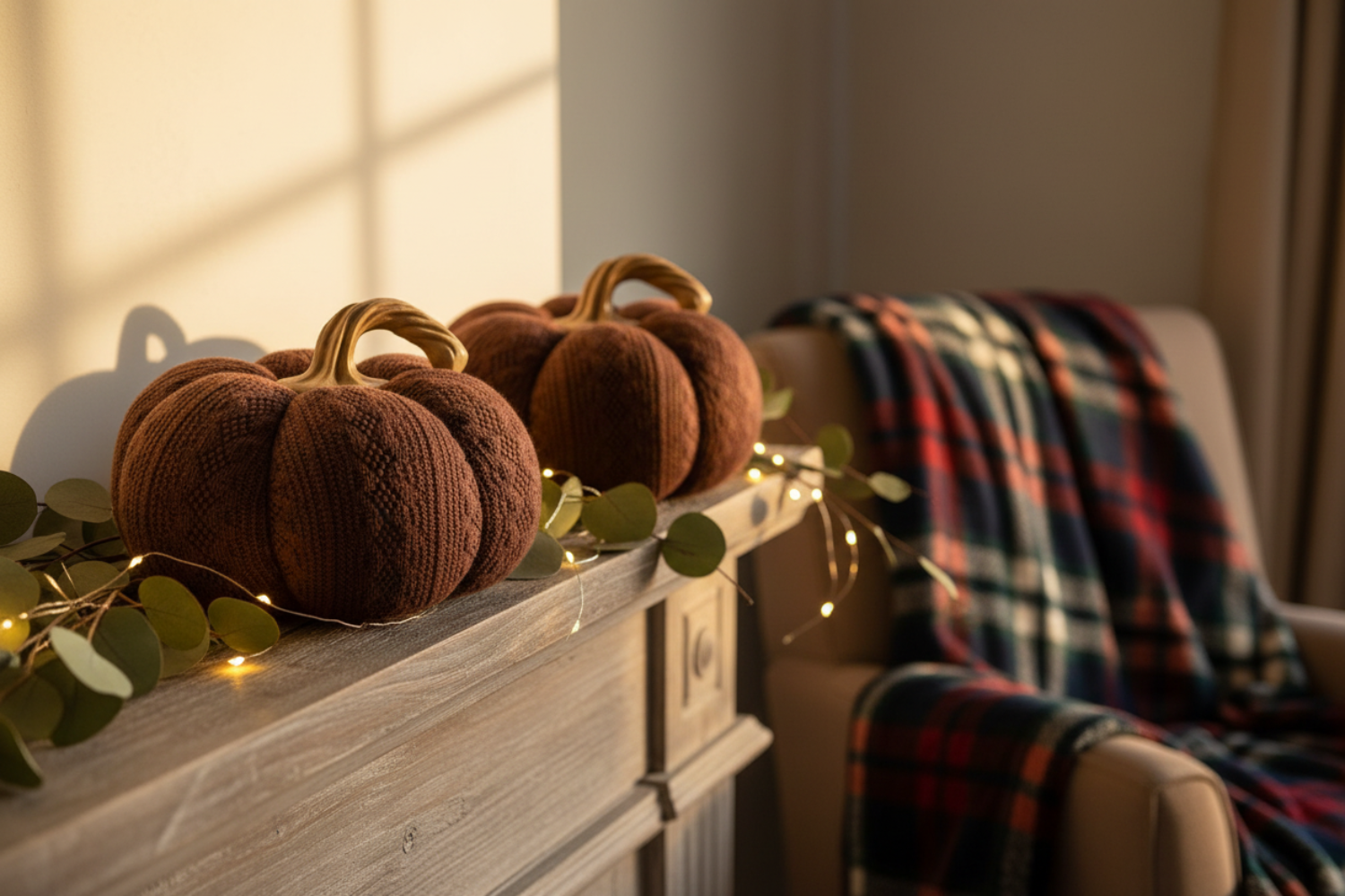 Dark Brown Pumpkin Decorations Fireplace Scene