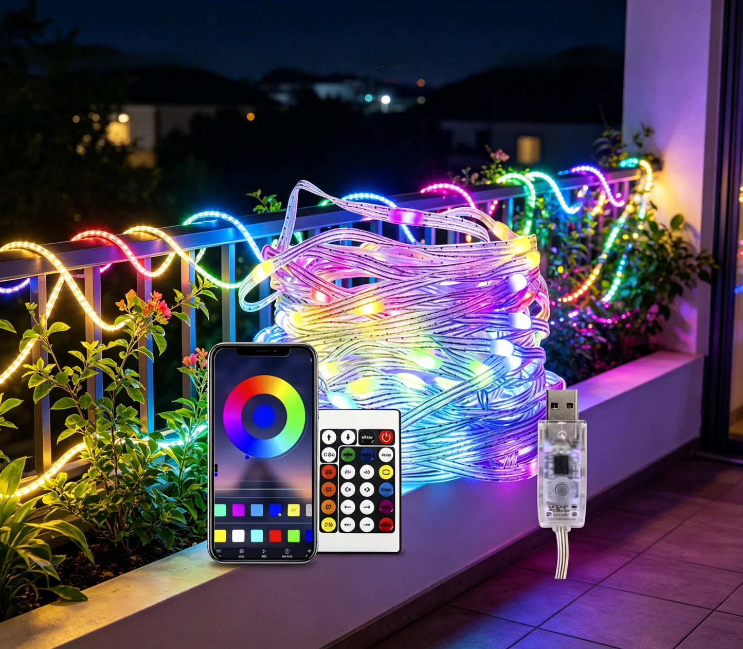 RGBIC fairy lights wrapped around a Christmas tree with colorful glowing effects and remote control
