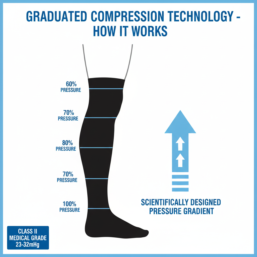 Graduated compression technology diagram showing Class II 23-32mmHg pressure distribution from ankle to knee