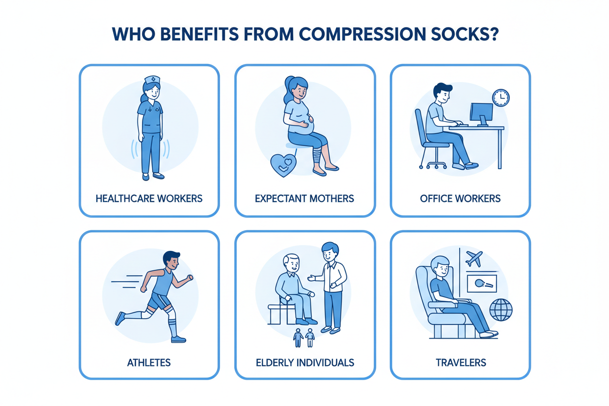 Infographic showing who benefits from compression socks: nurses, pregnant women, office workers, athletes, elderly, and travelers