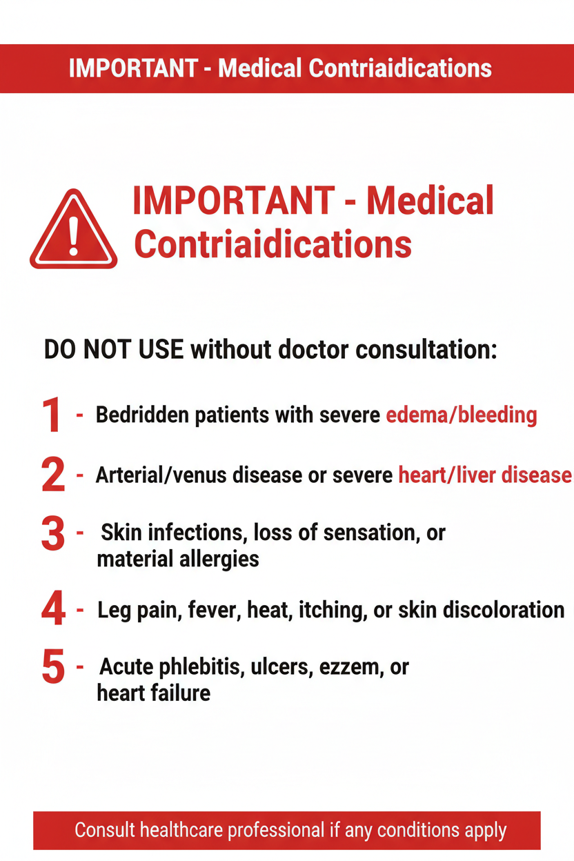 Medical contraindications and safety warnings for compression sock use - consult healthcare professional if conditions apply