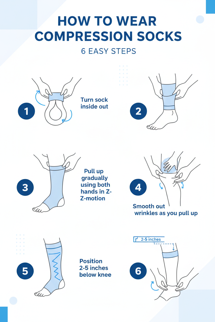 Step-by-step illustrated guide showing how to properly wear footless compression socks in 6 easy steps